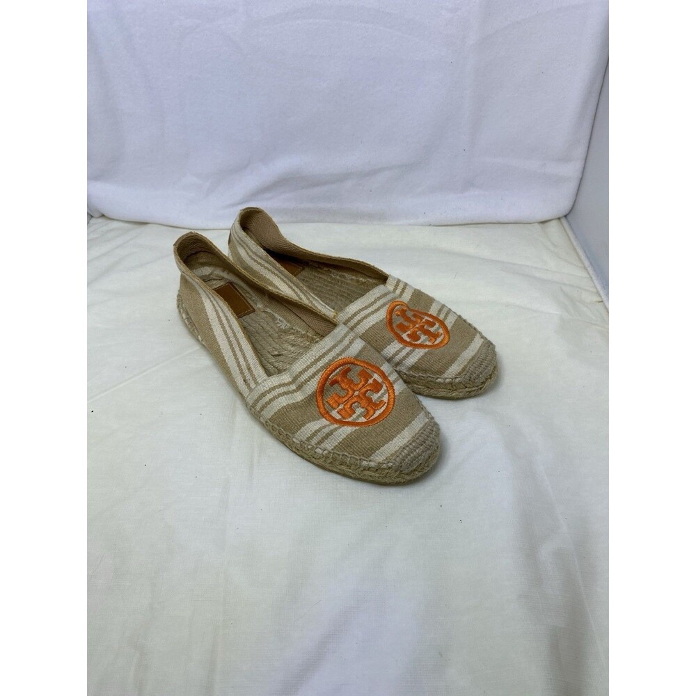 Tory Burch Canvas Stripe Orange Embroidered Logo Jute Flat Espadrilles Sz.9